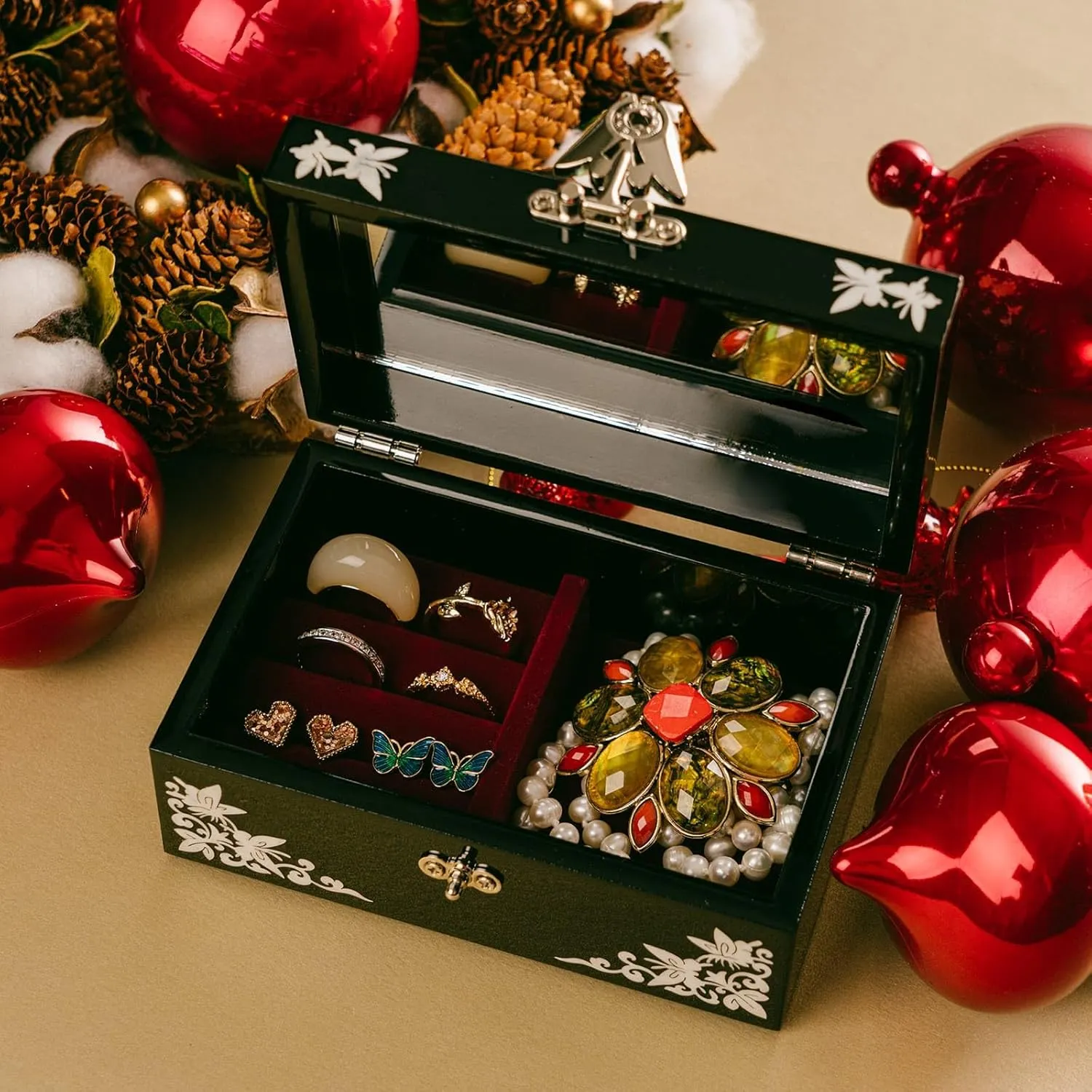 Mother-of-Pearl Jewelry Box  Black Lacquered Keepsake with Floral & Butterfly Design, Red Velvet Interior & Mirror  Romantic Valentine's Day Gift, Elegant Mother's Day Present for Women