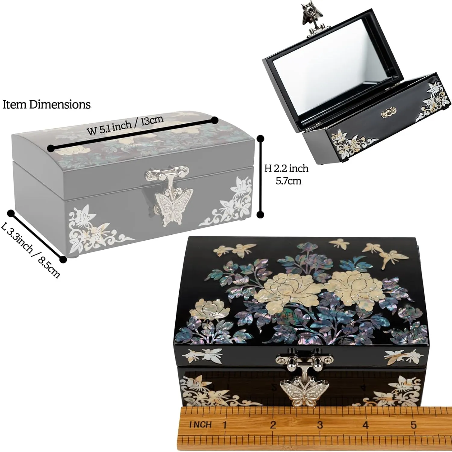 Mother-of-Pearl Jewelry Box  Black Lacquered Keepsake with Floral & Butterfly Design, Red Velvet Interior & Mirror  Romantic Valentine's Day Gift, Elegant Mother's Day Present for Women