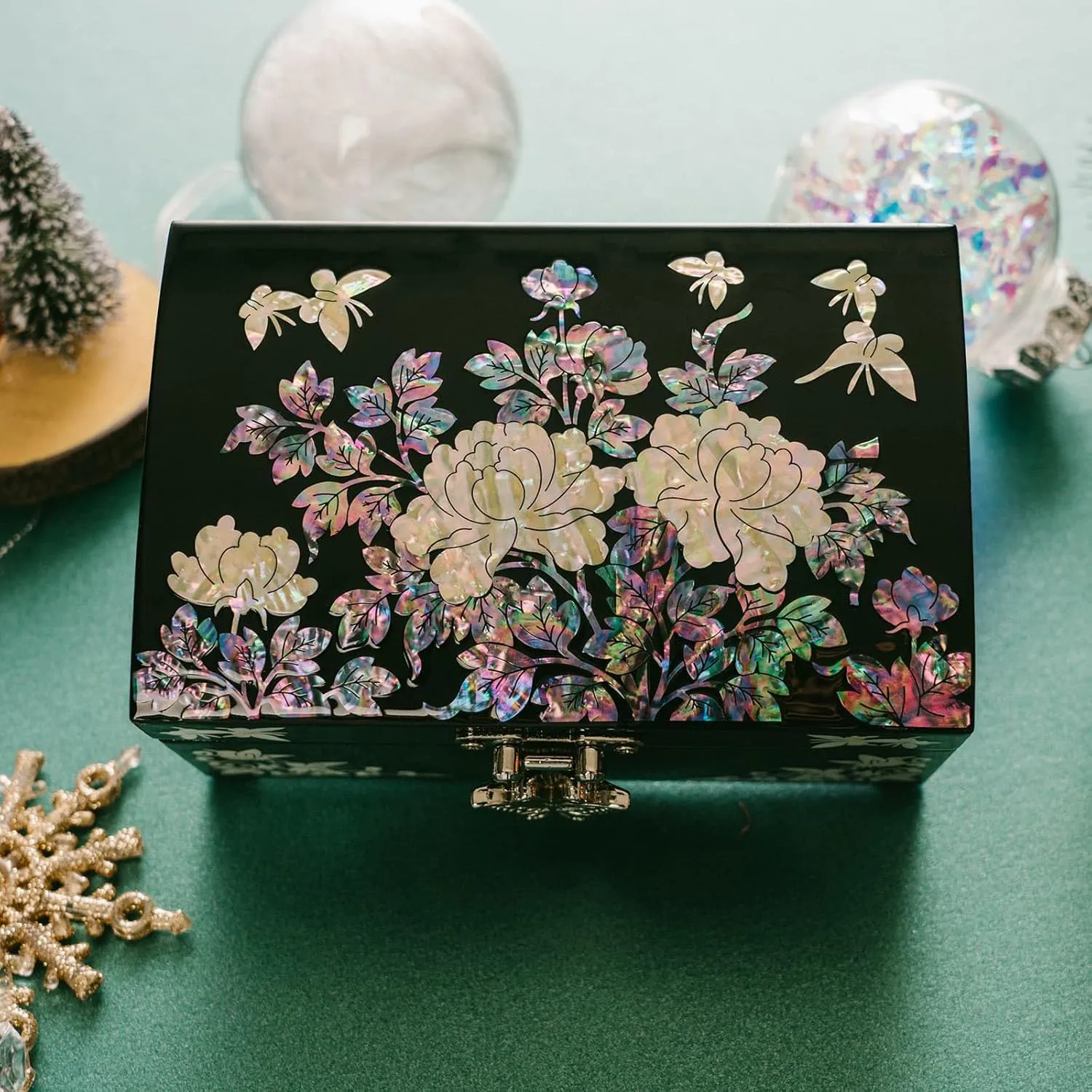 Mother-of-Pearl Jewelry Box  Black Lacquered Keepsake with Floral & Butterfly Design, Red Velvet Interior & Mirror  Romantic Valentine's Day Gift, Elegant Mother's Day Present for Women