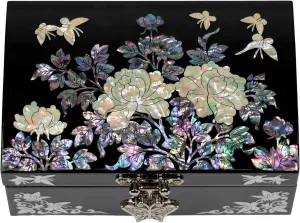 Mother-of-Pearl Jewelry Box  Black Lacquered Keepsake with Floral & Butterfly Design, Red Velvet Interior & Mirror  Romantic Valentine's Day Gift, Elegant Mother's Day Present for Women