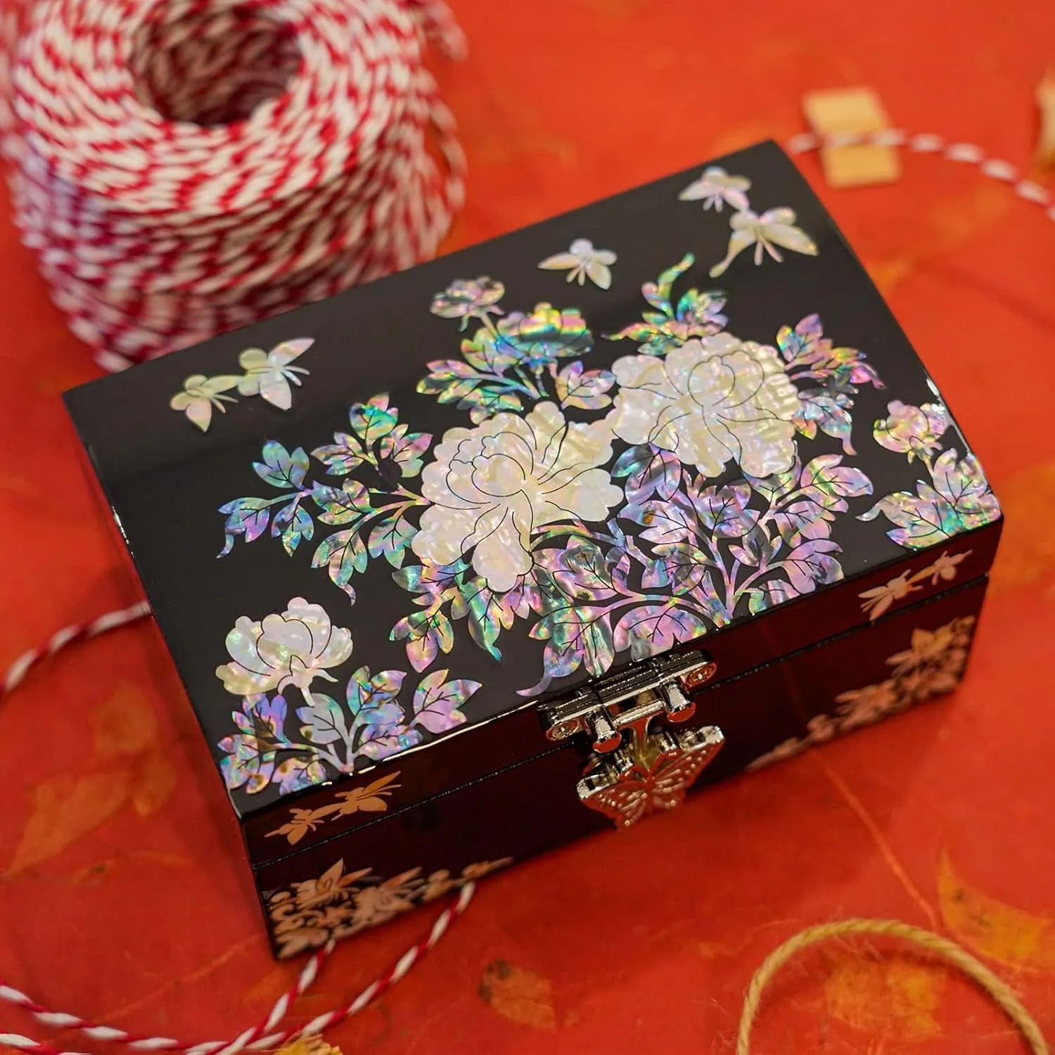 Mother-of-Pearl Jewelry Box  Black Lacquered Keepsake with Floral & Butterfly Design, Red Velvet Interior & Mirror  Romantic Valentine's Day Gift, Elegant Mother's Day Present for Women