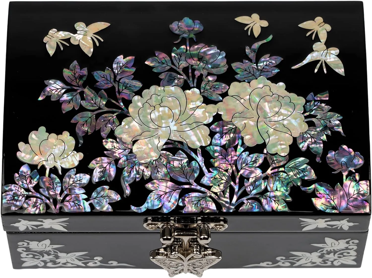 Mother-of-Pearl Jewelry Box  Black Lacquered Keepsake with Floral & Butterfly Design, Red Velvet Interior & Mirror  Romantic Valentine's Day Gift, Elegant Mother's Day Present for Women