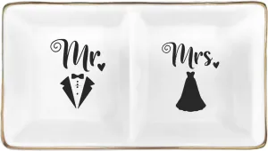 Mr. & Mrs. Ring Dish - Elegant Ceramic Ring Holder for Engagement, Wedding, and Bridal Shower Gifts - Honeymoon Keepsake for Friends, Newlyweds, and Bride-to-Be