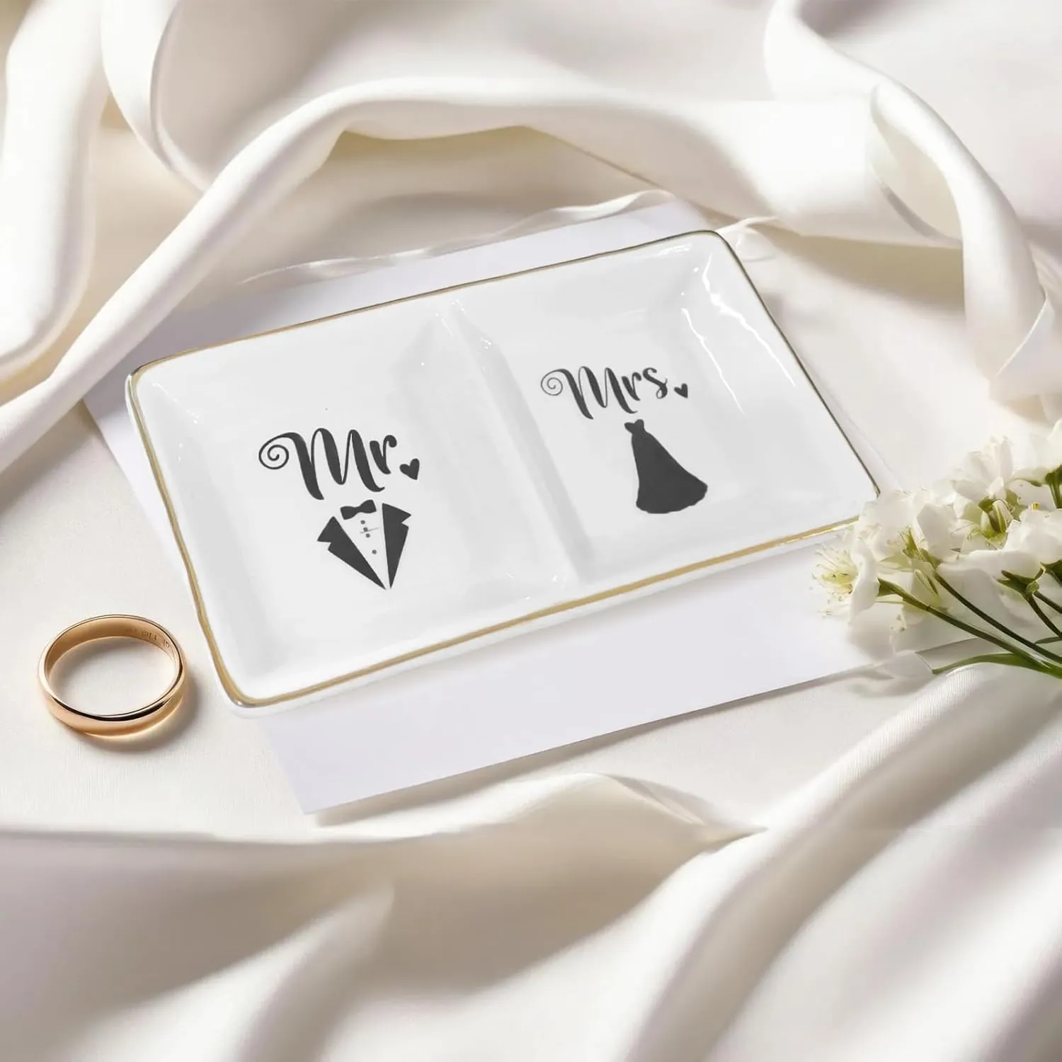 Mr. & Mrs. Ring Dish - Elegant Ceramic Ring Holder for Engagement, Wedding, and Bridal Shower Gifts - Honeymoon Keepsake for Friends, Newlyweds, and Bride-to-Be