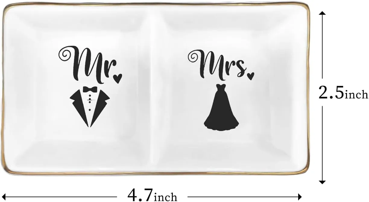Mr. & Mrs. Ring Dish - Elegant Ceramic Ring Holder for Engagement, Wedding, and Bridal Shower Gifts - Honeymoon Keepsake for Friends, Newlyweds, and Bride-to-Be