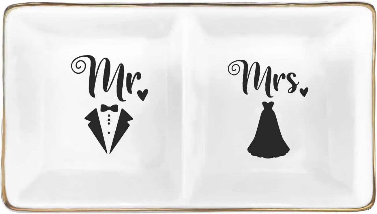 Mr. & Mrs. Ring Dish - Elegant Ceramic Ring Holder for Engagement, Wedding, and Bridal Shower Gifts - Honeymoon Keepsake for Friends, Newlyweds, and Bride-to-Be