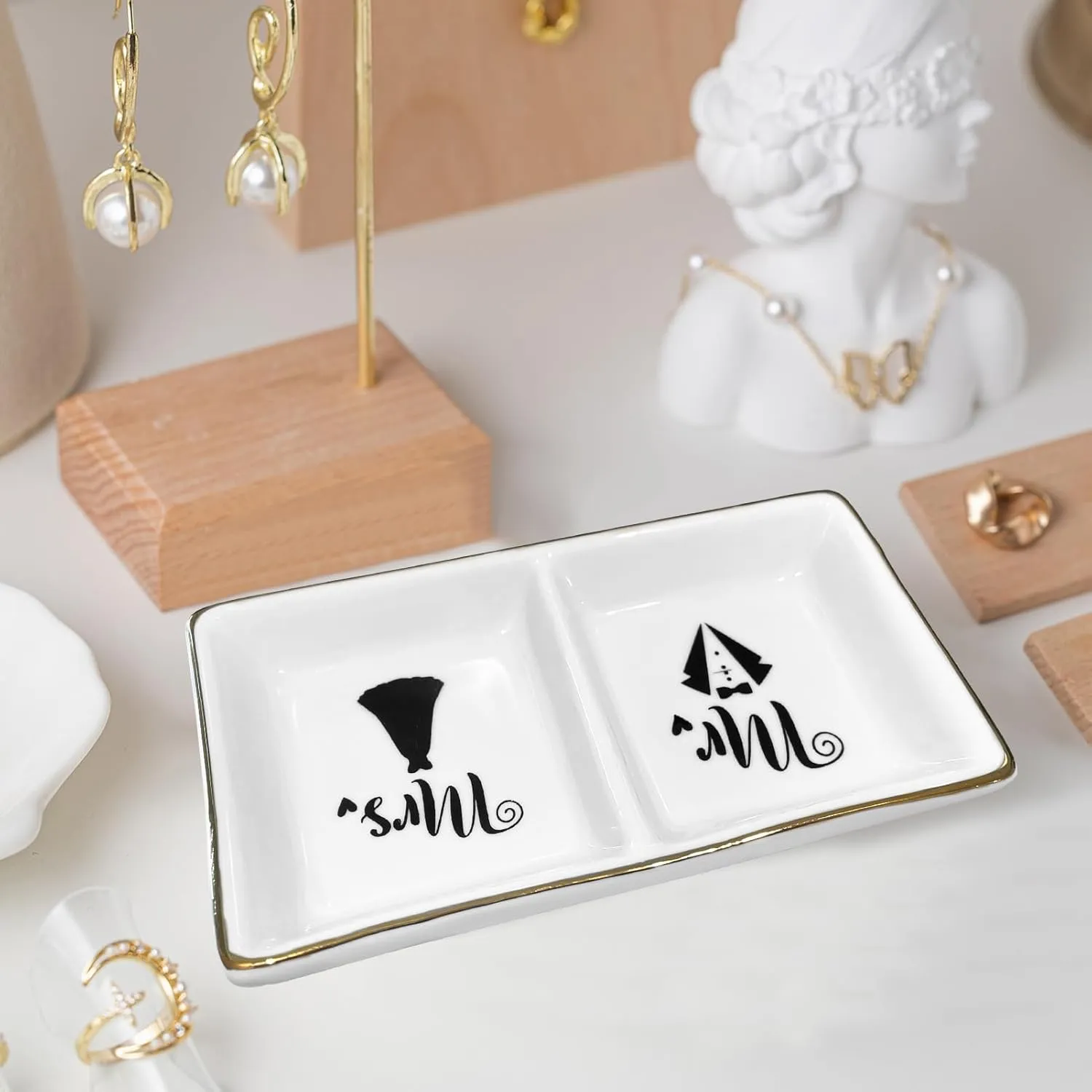 Mr. & Mrs. Ring Dish - Elegant Ceramic Ring Holder for Engagement, Wedding, and Bridal Shower Gifts - Honeymoon Keepsake for Friends, Newlyweds, and Bride-to-Be