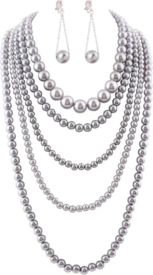 Multilayer Strand Simulated Pearl Statement Necklace and Clip on Earrings Set Women Long Sweater Chain Choker Necklace