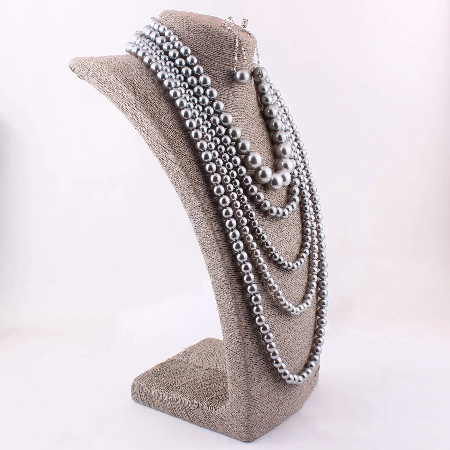 Multilayer Strand Simulated Pearl Statement Necklace and Clip on Earrings Set Women Long Sweater Chain Choker Necklace