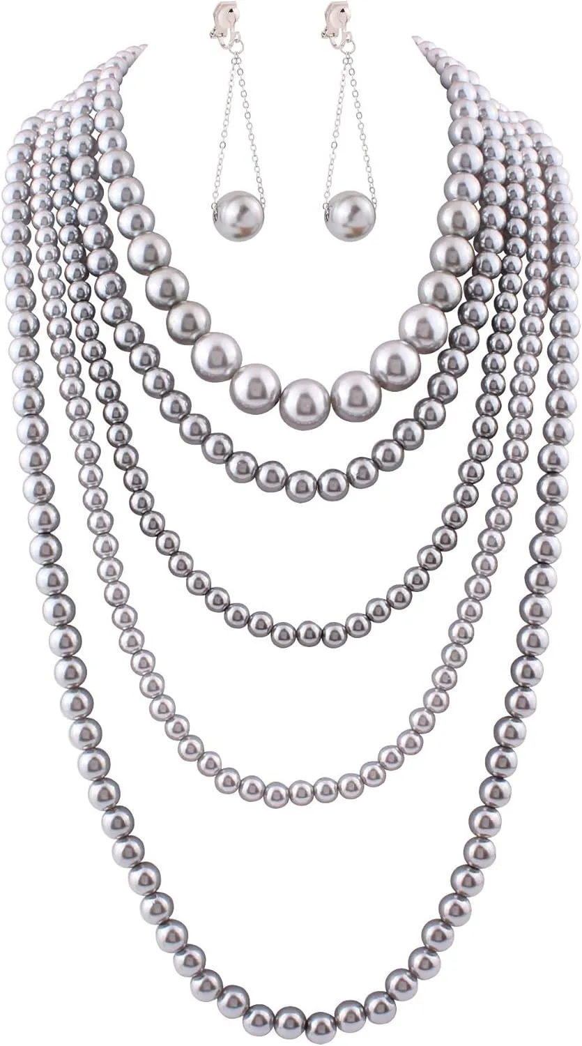 Multilayer Strand Simulated Pearl Statement Necklace and Clip on Earrings Set Women Long Sweater Chain Choker Necklace