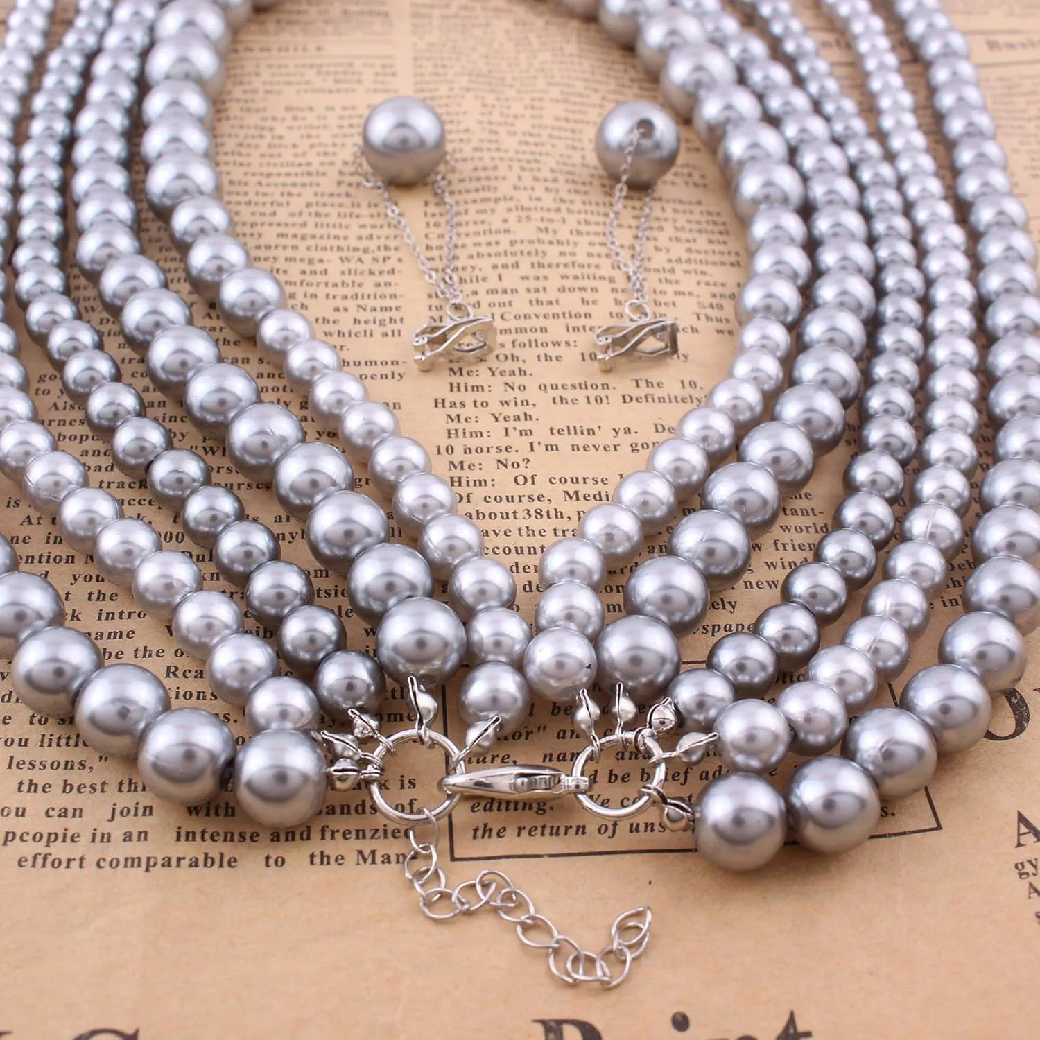 Multilayer Strand Simulated Pearl Statement Necklace and Clip on Earrings Set Women Long Sweater Chain Choker Necklace