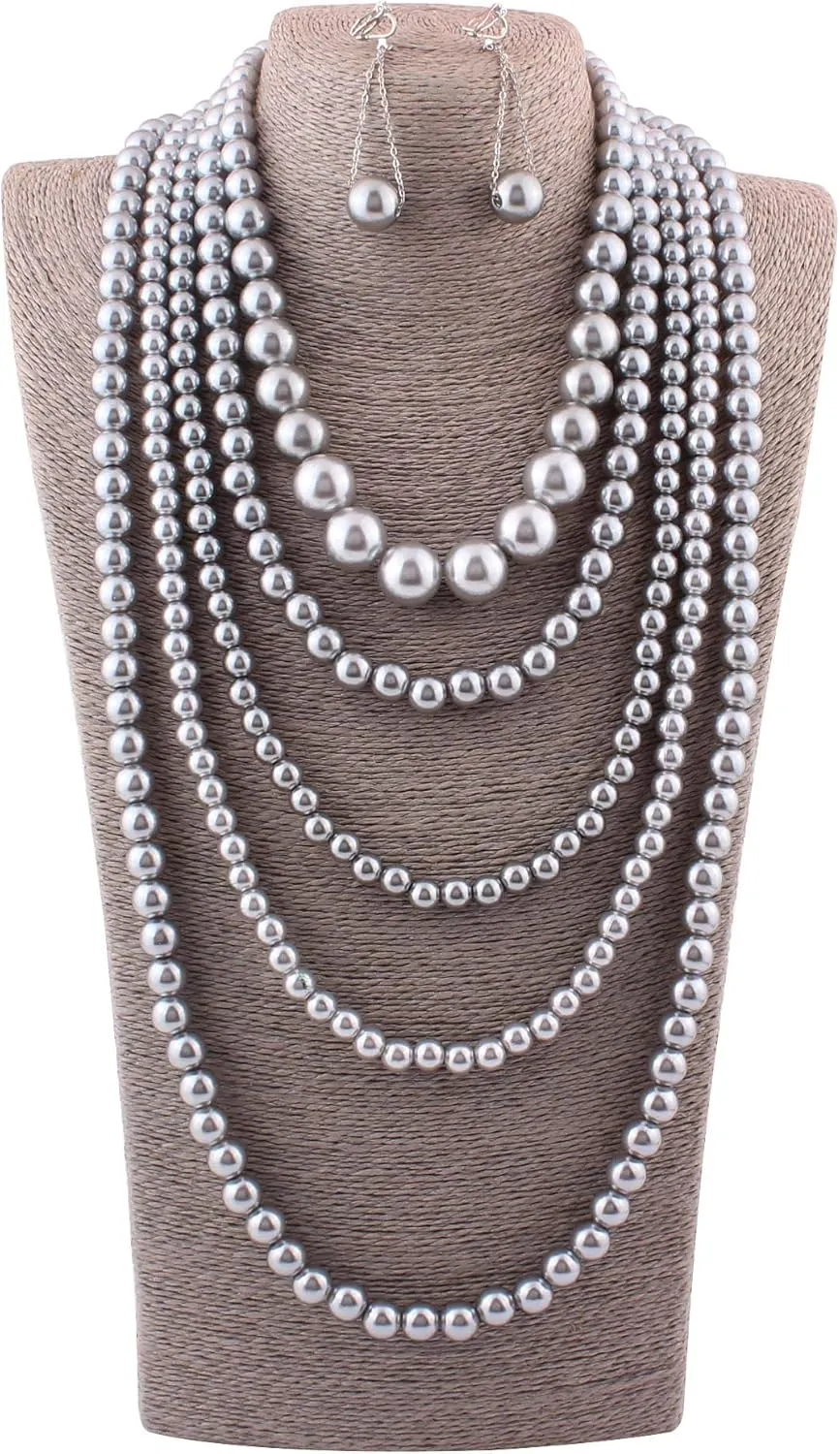 Multilayer Strand Simulated Pearl Statement Necklace and Clip on Earrings Set Women Long Sweater Chain Choker Necklace