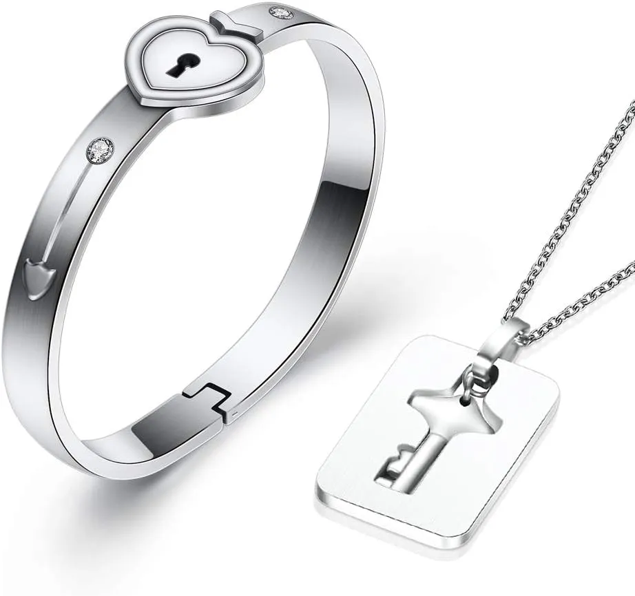 MYNENEY Love Heart Key Lock Bangle Bracelet Couple Matching Jewelry Set for Women Men