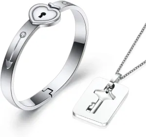 MYNENEY Love Heart Key Lock Bangle Bracelet Couple Matching Jewelry Set for Women Men