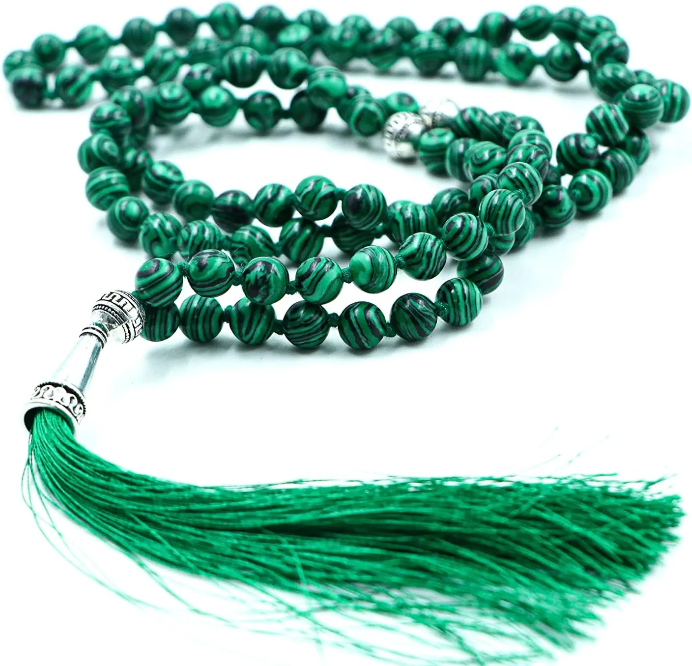 Natiural Gemstone 8 MM Beads Mala Necklace in108 Beads Hand Knotted Mala Necklace,108 Beads Buddhist Mala Necklace,108 Beads Prayer & Meditation Mala Necklace For Mens & Womens (Green Malachite)