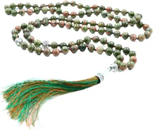Natiural Gemstone 8 MM Beads Mala Necklace in108 Beads Hand Knotted Mala Necklace,108 Beads Buddhist Mala Necklace,108 Beads Prayer & Meditation Mala Necklace For Mens & Womens (Unakite Jasper)