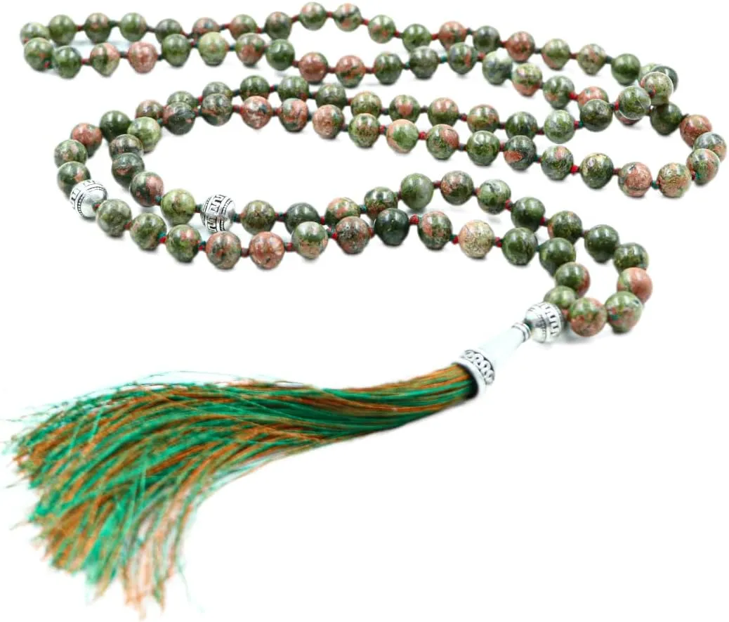 Natiural Gemstone 8 MM Beads Mala Necklace in108 Beads Hand Knotted Mala Necklace,108 Beads Buddhist Mala Necklace,108 Beads Prayer & Meditation Mala Necklace For Mens & Womens (Unakite Jasper)