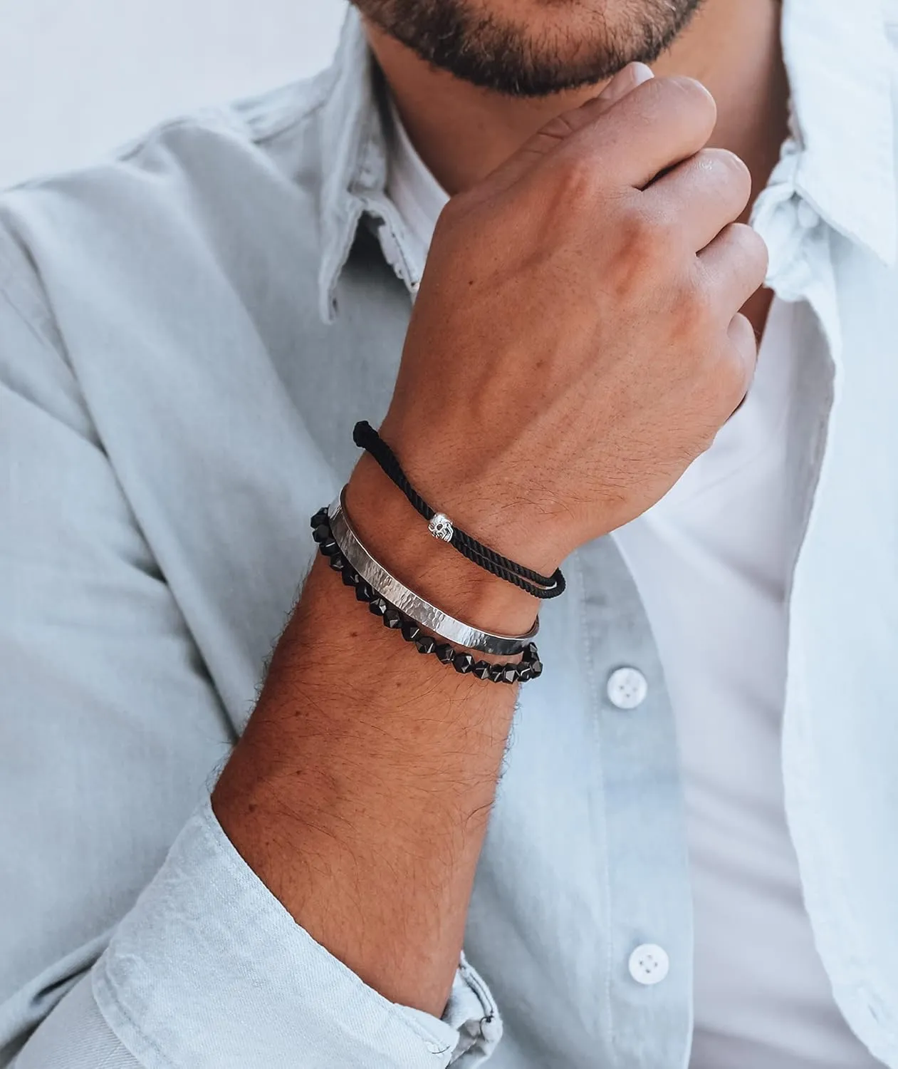 Nato Cuff - Sterling Silver Skull Bracelet - Milanese Silk Cord - Handmade in France Mens and Womens Jewelry