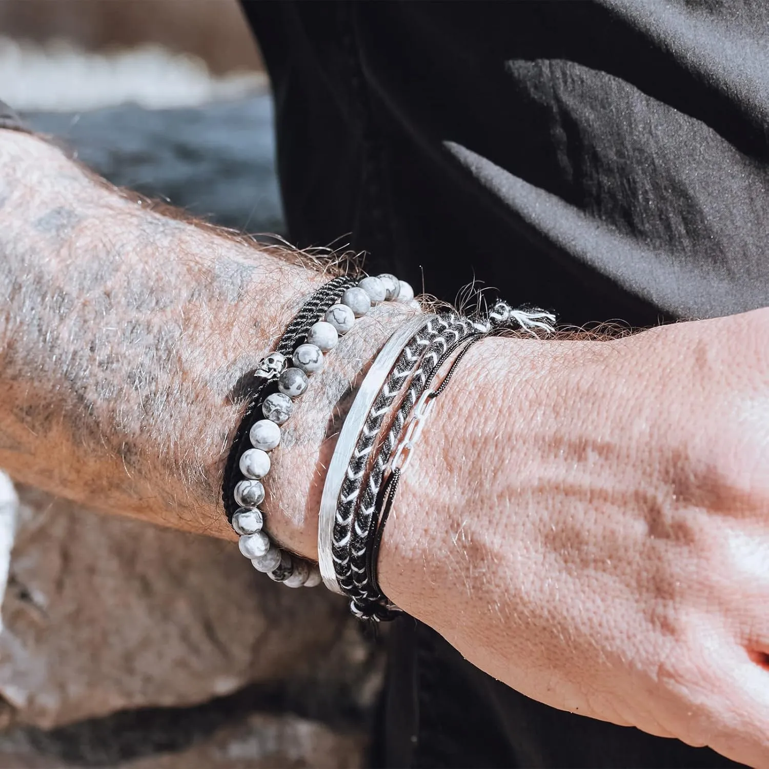 Nato Cuff - Sterling Silver Skull Bracelet - Milanese Silk Cord - Handmade in France Mens and Womens Jewelry