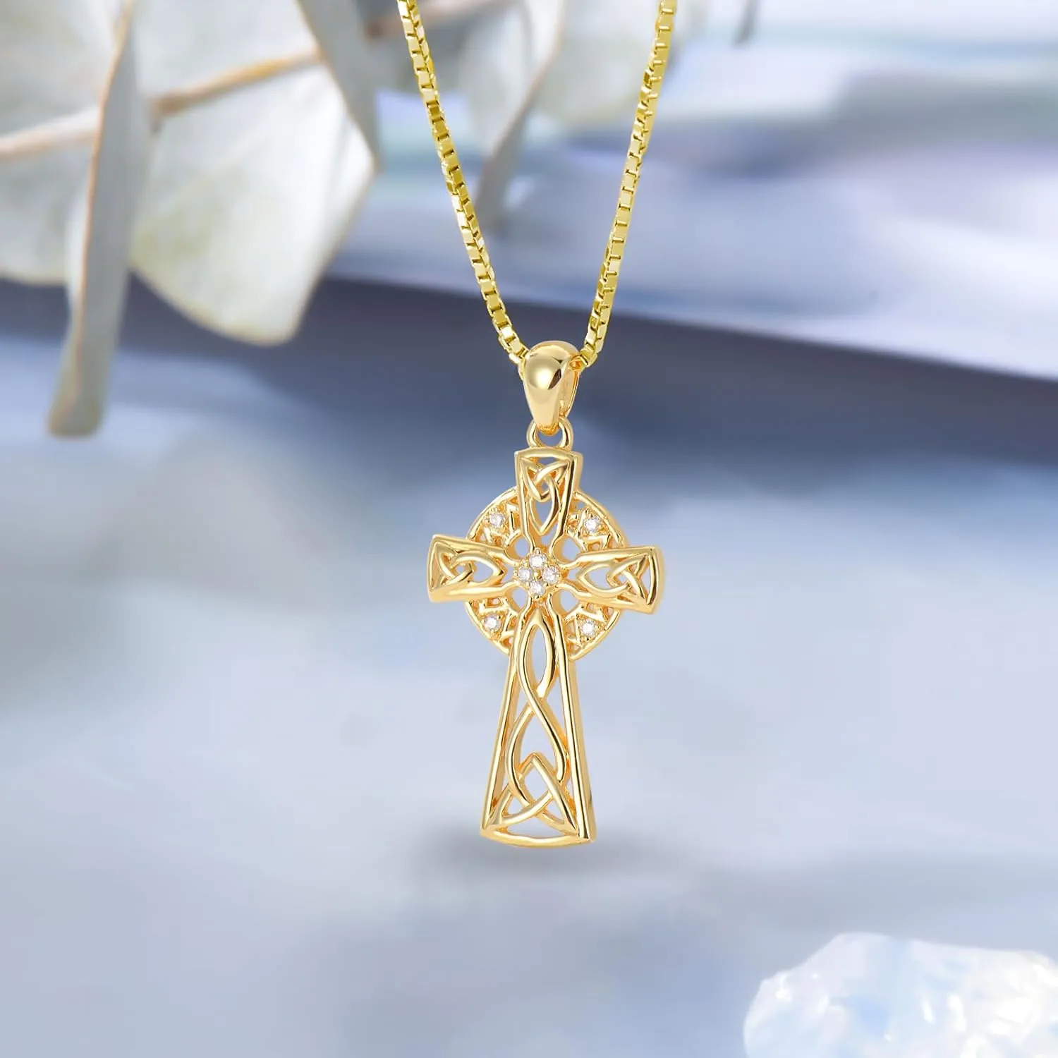 Natural Diamond Celtic Cross Irish Knot Necklace for Women,18K Yellow Gold Plated 925 Sterling Silver Trinity Knot Celtic Pendant Necklace Christmas Birthday Gifts for Mom Wife 18" 2"