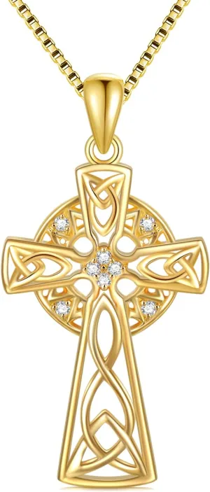 Natural Diamond Celtic Cross Irish Knot Necklace for Women,18K Yellow Gold Plated 925 Sterling Silver Trinity Knot Celtic Pendant Necklace Christmas Birthday Gifts for Mom Wife 18" 2"