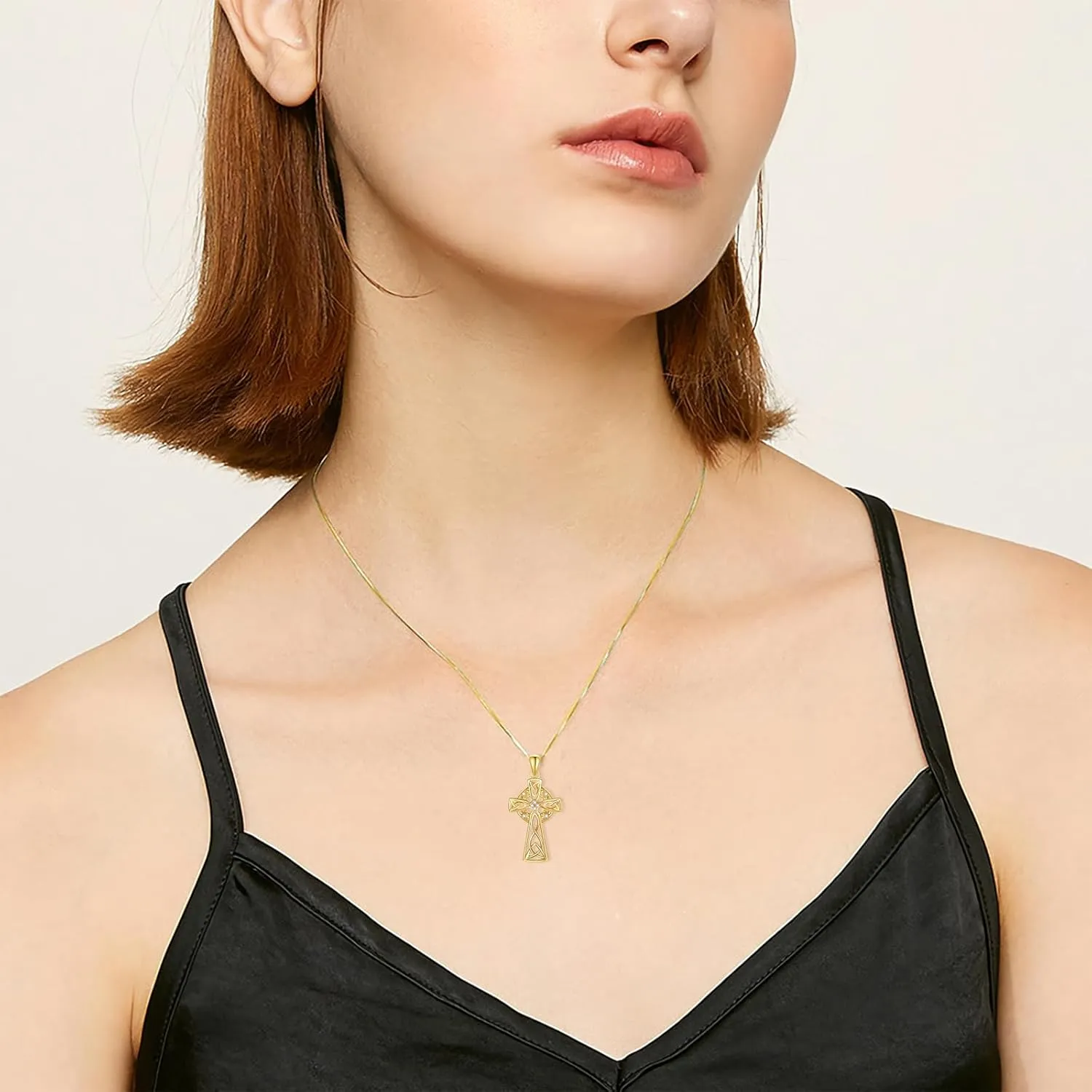 Natural Diamond Celtic Cross Irish Knot Necklace for Women,18K Yellow Gold Plated 925 Sterling Silver Trinity Knot Celtic Pendant Necklace Christmas Birthday Gifts for Mom Wife 18" 2"