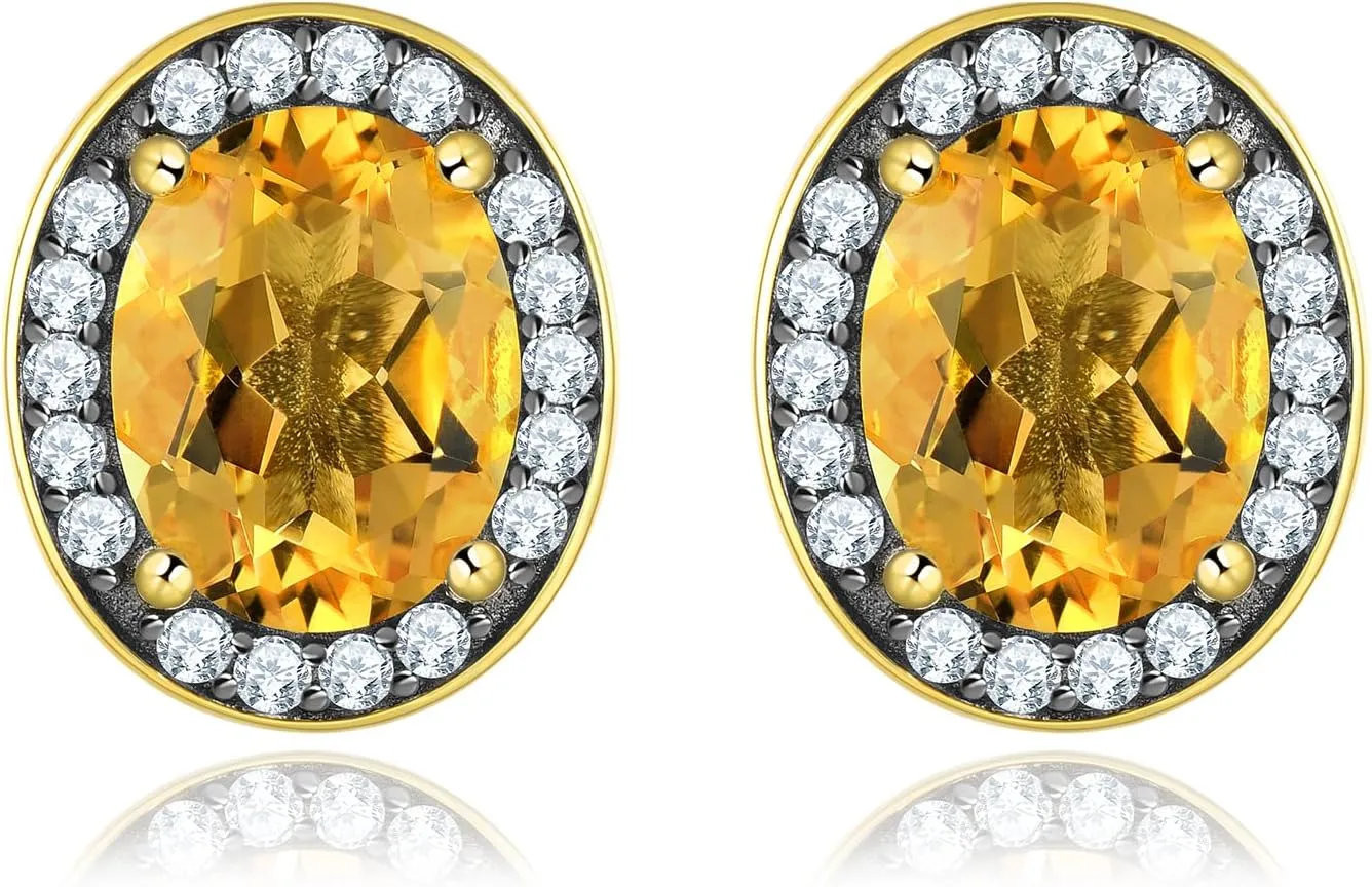 Natural Gemstone Citrine Stud Earrings for Women Solid 925 Sterling Silver Studs Earring Elegant Style 18K Gold Plated Cubic Zirconia Fine Jewelry for Birthday