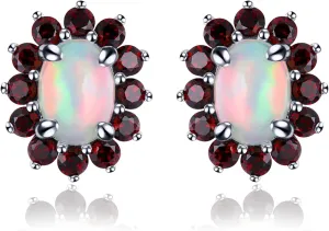 Natural Opal Stud Earring for Women Solid 925 Sterling Silver Red Garnet Earring Gemstone Birthstone Studs Elegant Style Fine Jewelry for Birthday Mother's Day Christmas