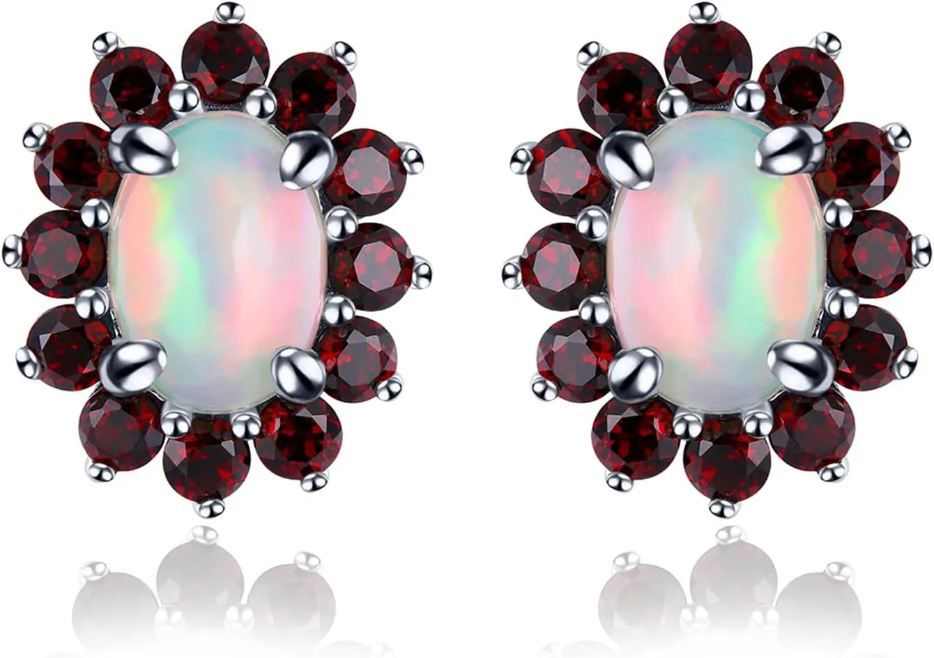 Natural Opal Stud Earring for Women Solid 925 Sterling Silver Red Garnet Earring Gemstone Birthstone Studs Elegant Style Fine Jewelry for Birthday Mother's Day Christmas