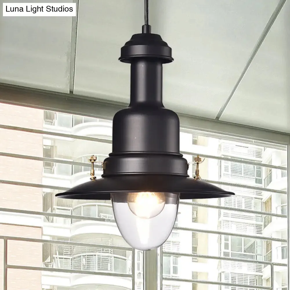 Nautical Style Flat Shade Pendant Lamp - 1 Light Metallic Suspended Light, Black/White Finish for Kitchen
