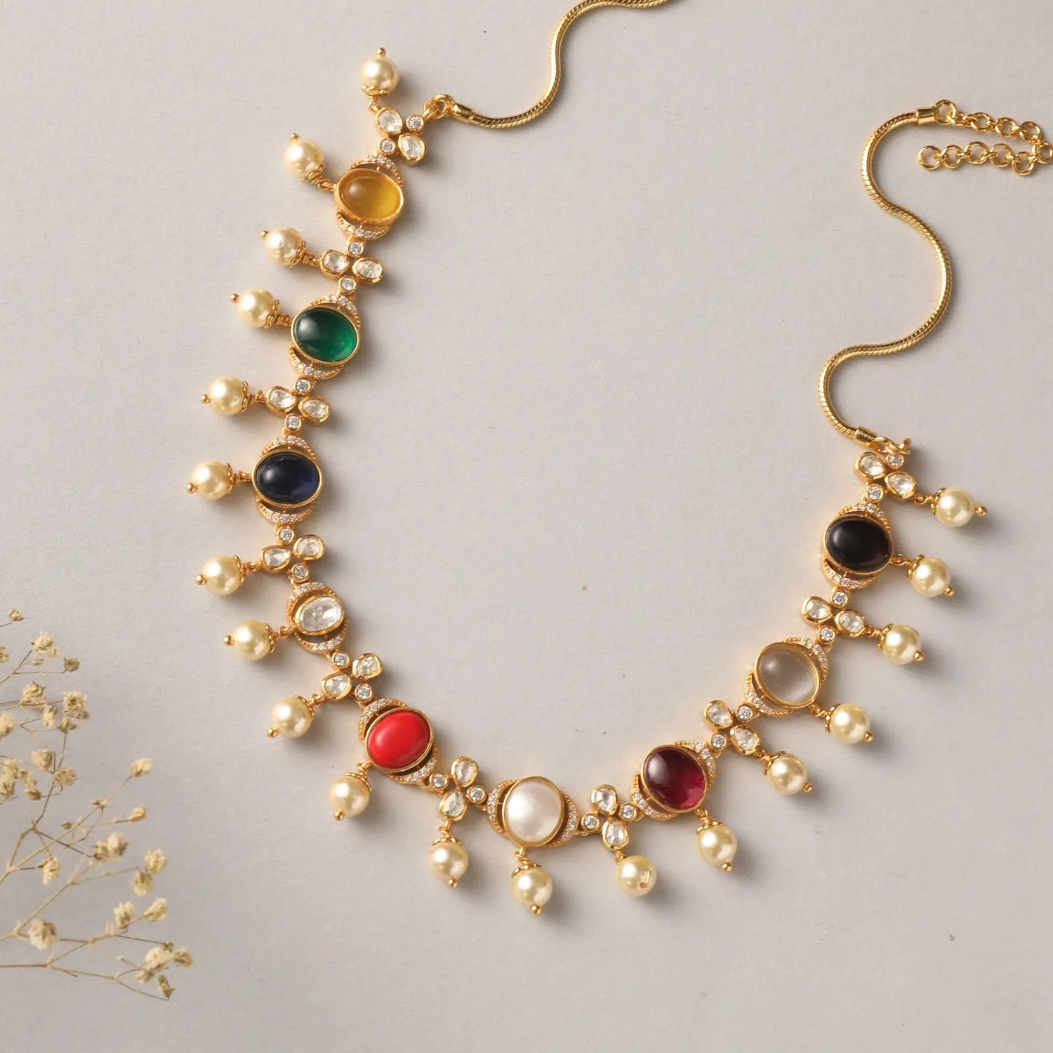 Navaratna and Pearl Elegance Silver Necklace