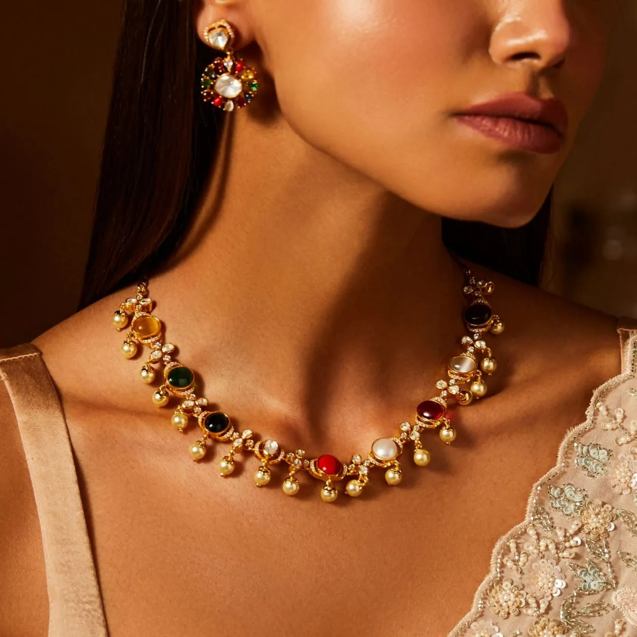 Navaratna and Pearl Elegance Silver Necklace