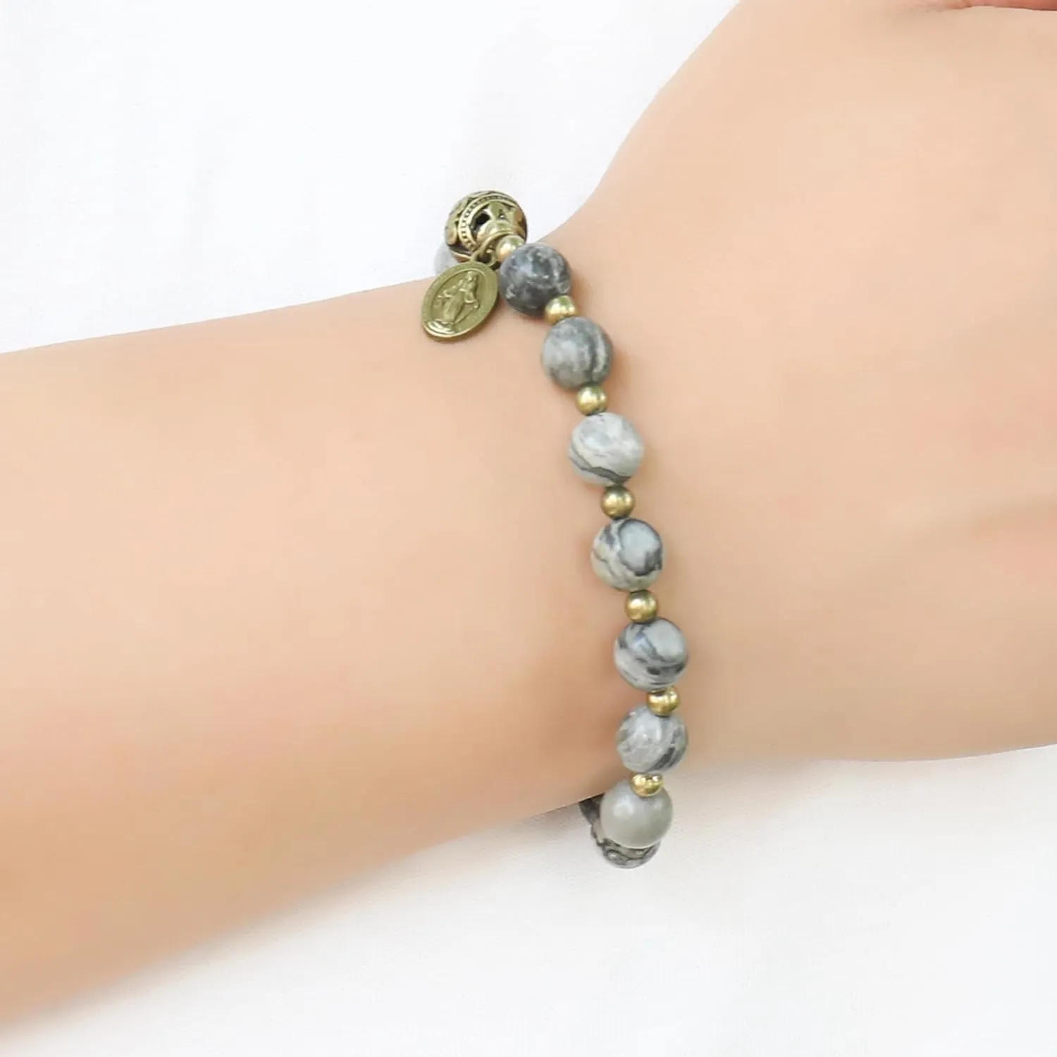 Nazareth Store Stone Beads Rosary Bracelet with Metal Separators and Catholic Medal - Durable and Elegant Wrist Jewelry