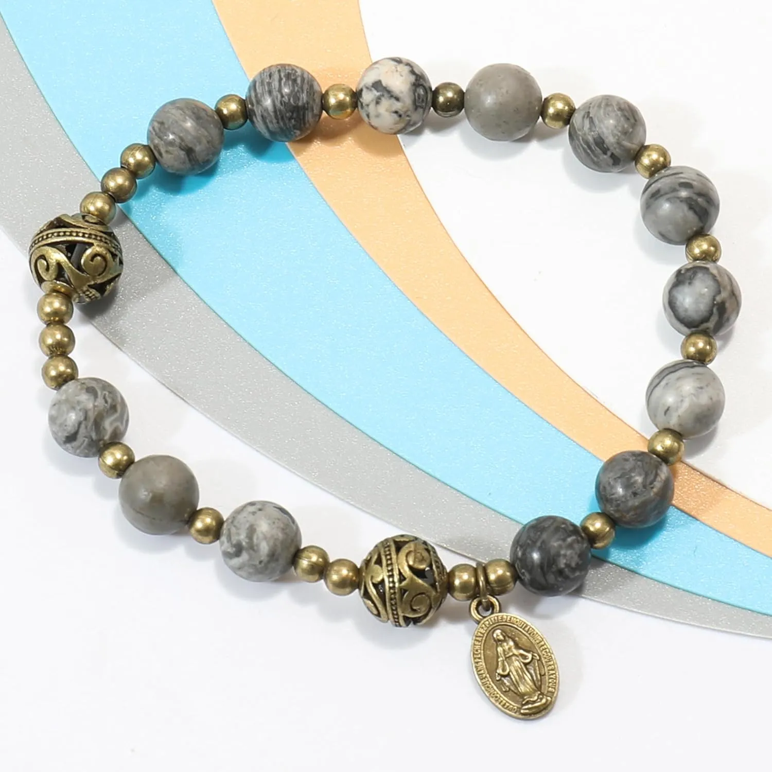 Nazareth Store Stone Beads Rosary Bracelet with Metal Separators and Catholic Medal - Durable and Elegant Wrist Jewelry