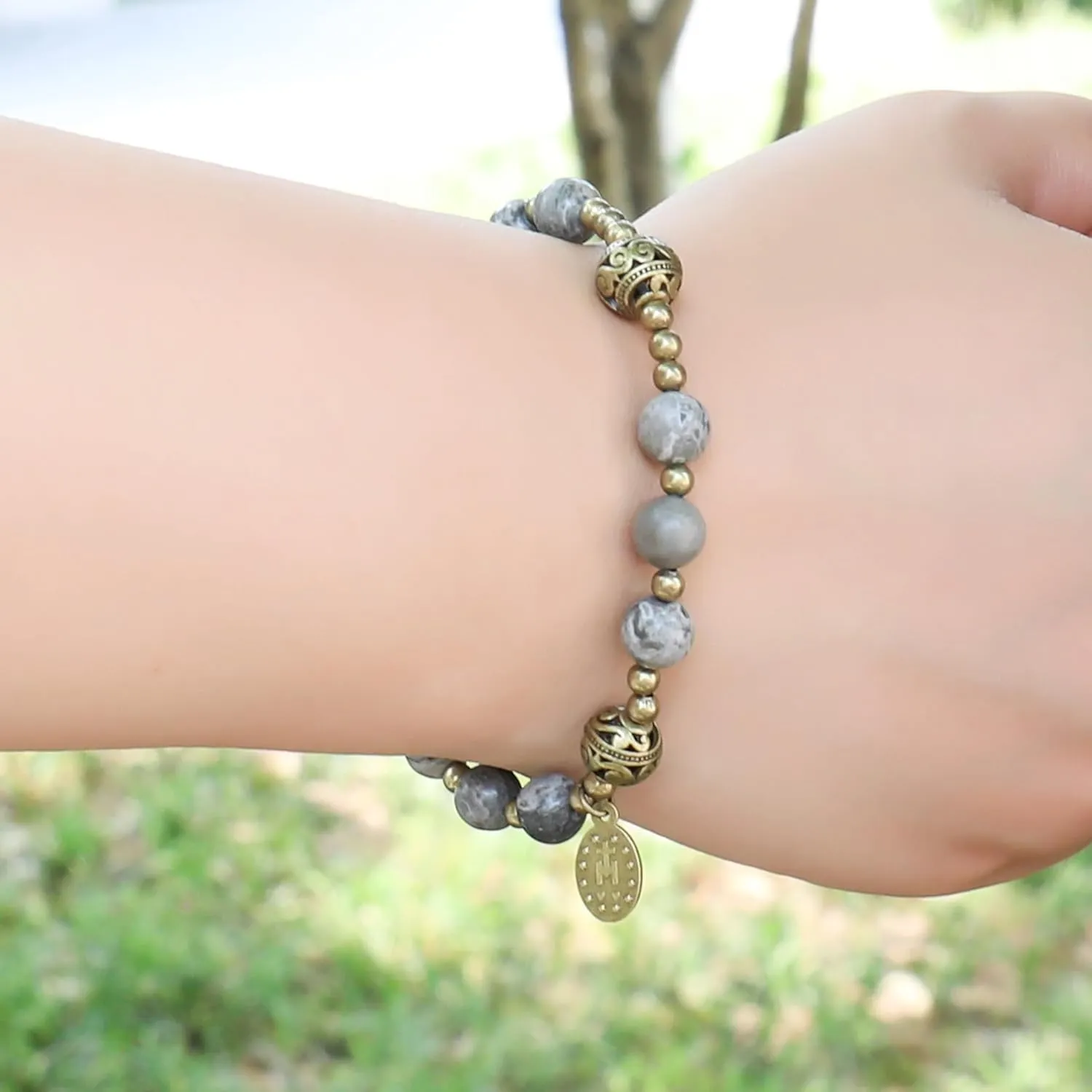 Nazareth Store Stone Beads Rosary Bracelet with Metal Separators and Catholic Medal - Durable and Elegant Wrist Jewelry