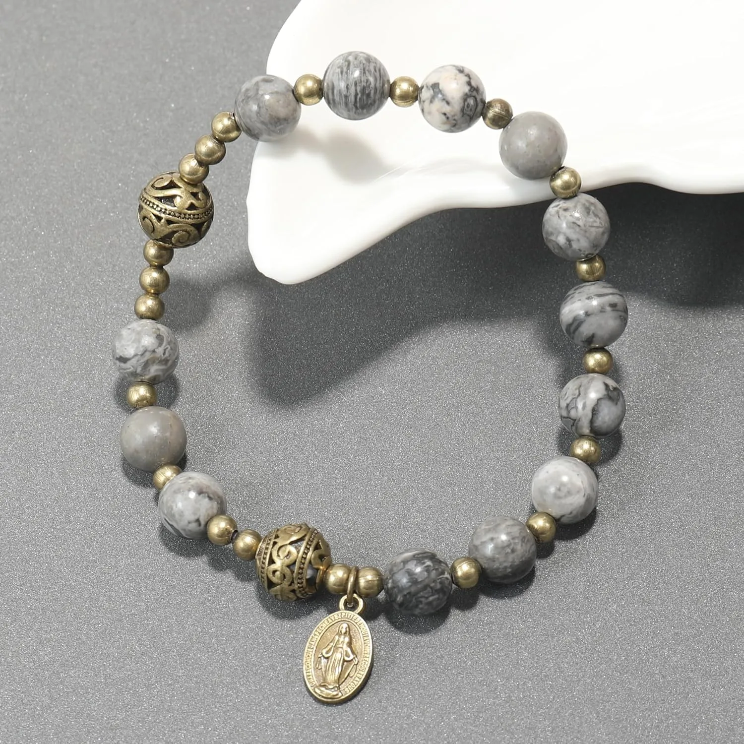 Nazareth Store Stone Beads Rosary Bracelet with Metal Separators and Catholic Medal - Durable and Elegant Wrist Jewelry