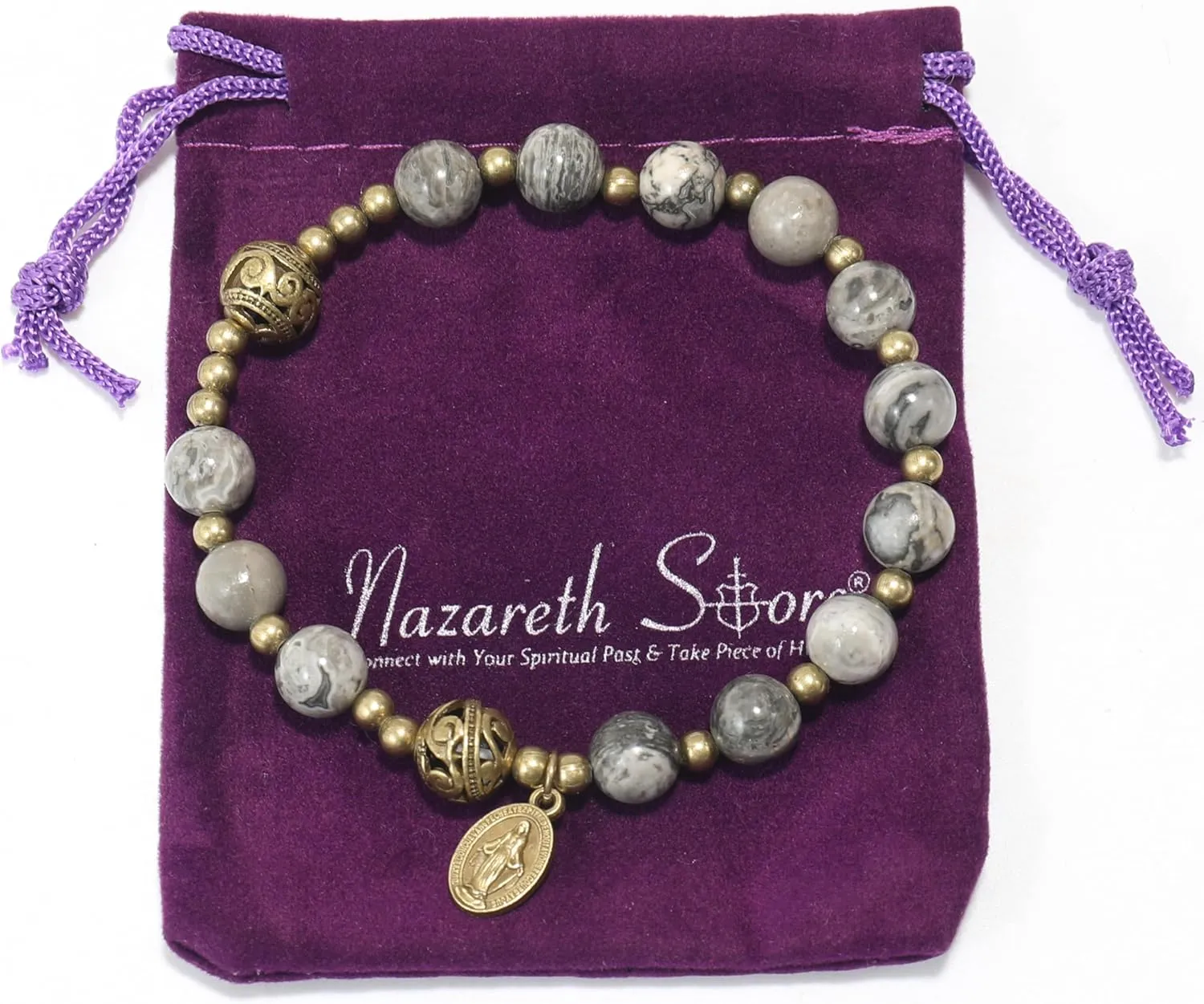 Nazareth Store Stone Beads Rosary Bracelet with Metal Separators and Catholic Medal - Durable and Elegant Wrist Jewelry