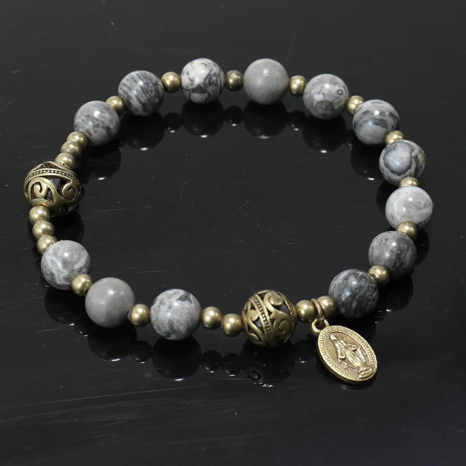 Nazareth Store Stone Beads Rosary Bracelet with Metal Separators and Catholic Medal - Durable and Elegant Wrist Jewelry