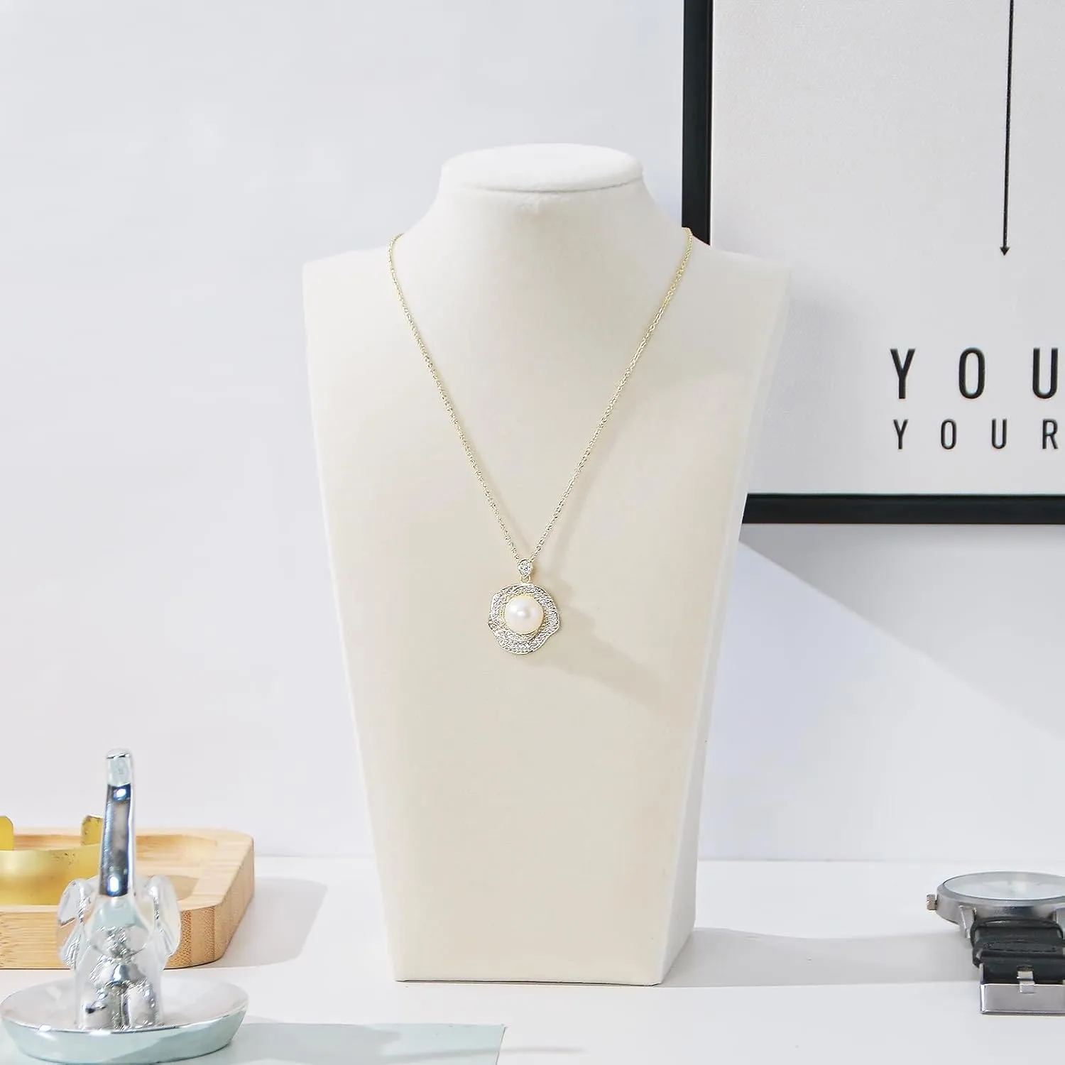 Necklace Bust Display Stand, Beige VelvetNecklace Display Holder, Jewelry Necklace Organizer Rack for Home Use or Shop Show (9" Height)