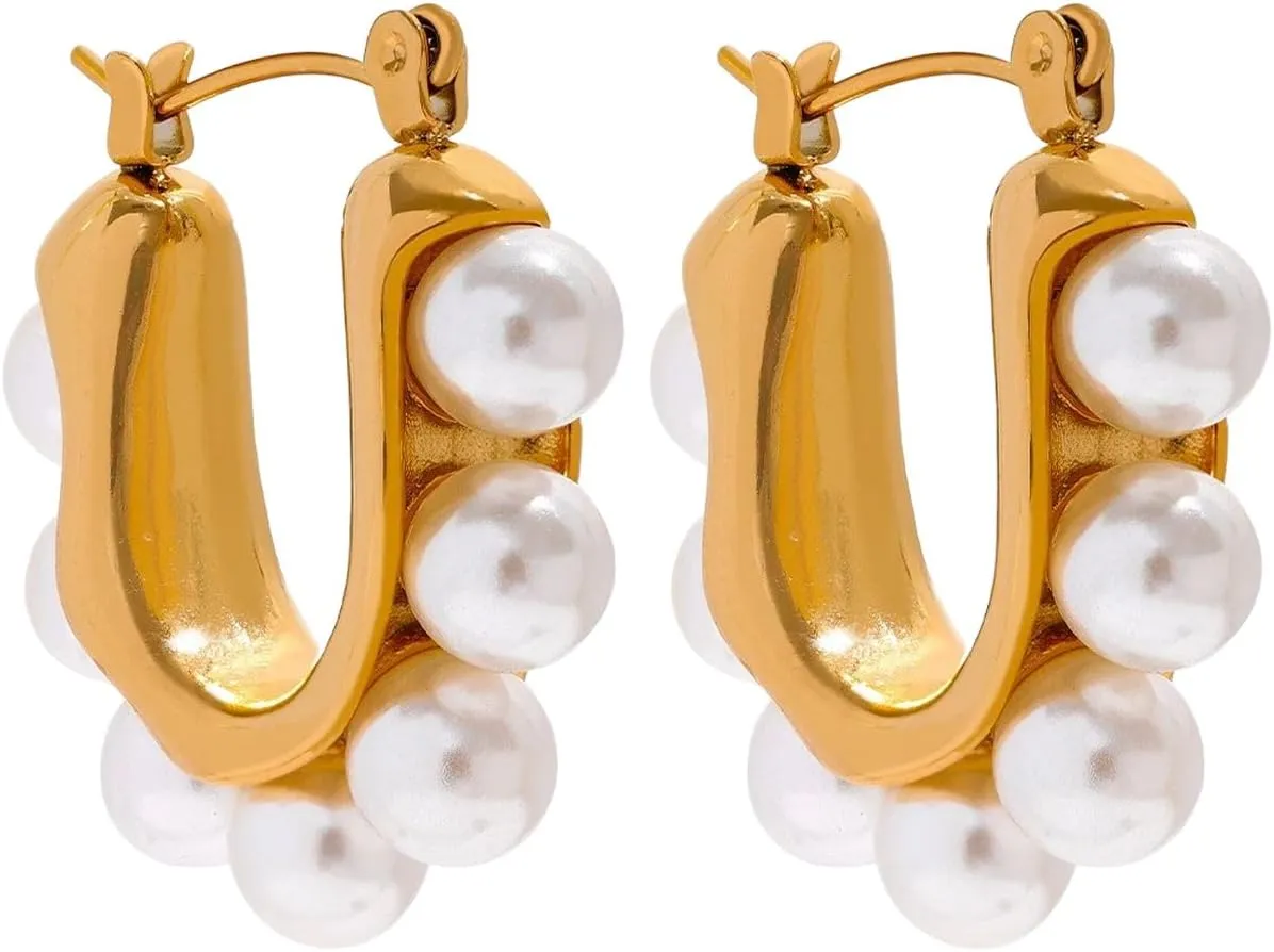 New 2025 Arrival Elegant Imitation Pearls Geometric Stainless Steel Hoop Earrings 18K Gold Color Waterproof Charm Trendy Jewelry With For You Fashion Accessories Creative Gift