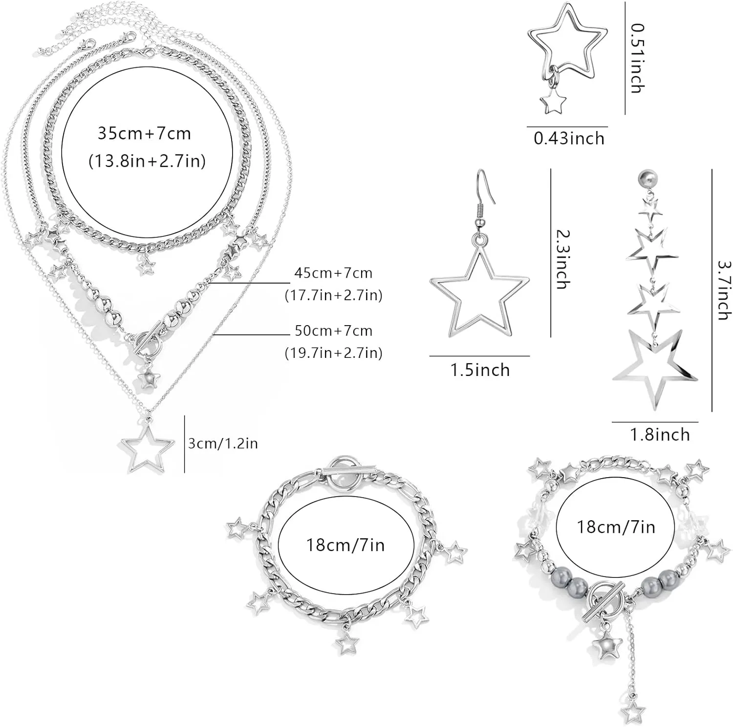 NEWITIN 11 Pieces Star Jewelry Set for Women Fashion Costume Jewels Pendant Star Necklace Bracelet Earrings Silver Jewelry Set for Women