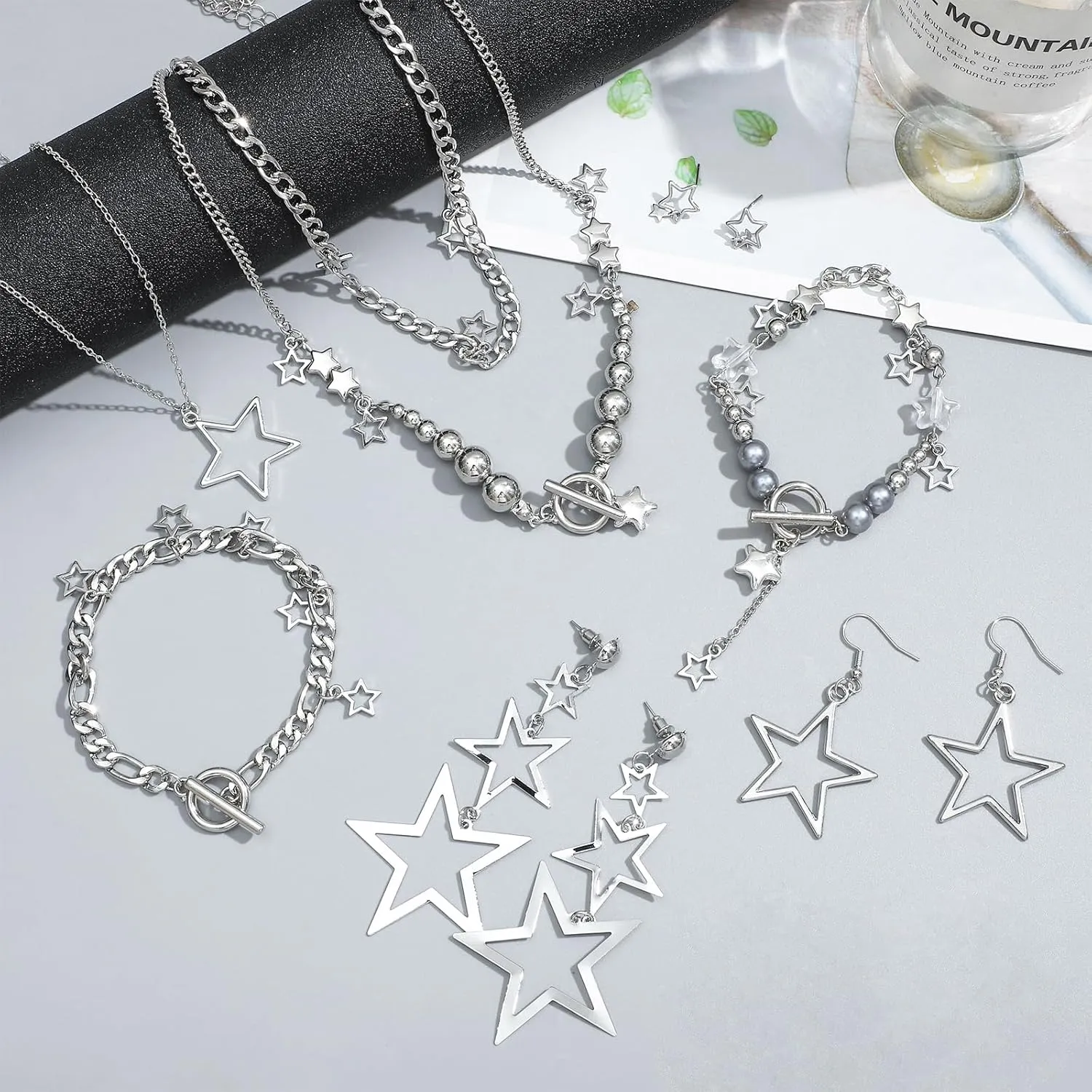 NEWITIN 11 Pieces Star Jewelry Set for Women Fashion Costume Jewels Pendant Star Necklace Bracelet Earrings Silver Jewelry Set for Women