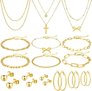 NEWITIN 22 Pieces 18K Gold Jewelry Set for Women Fashion Costume Jewelry Gold Plated Stainless Steel Necklace Bracelet Earrings Set for Women