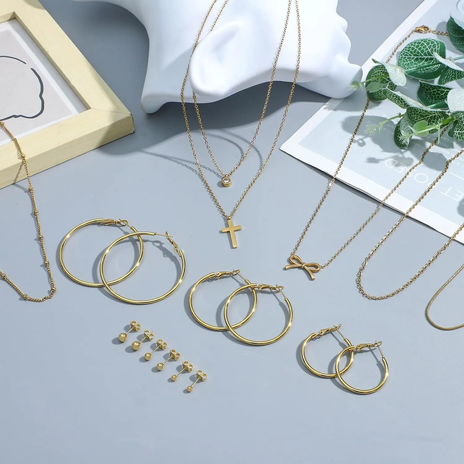 NEWITIN 22 Pieces 18K Gold Jewelry Set for Women Fashion Costume Jewelry Gold Plated Stainless Steel Necklace Bracelet Earrings Set for Women