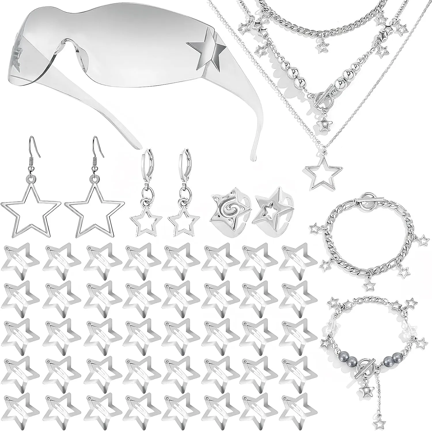 NEWITIN 52 Pieces Star Jewelry Set for Women Fashion Costume Jewels Pendant Star Necklace Bracelet Ring Hair Clip Glasses Earrings Silver Jewelry Set for Women
