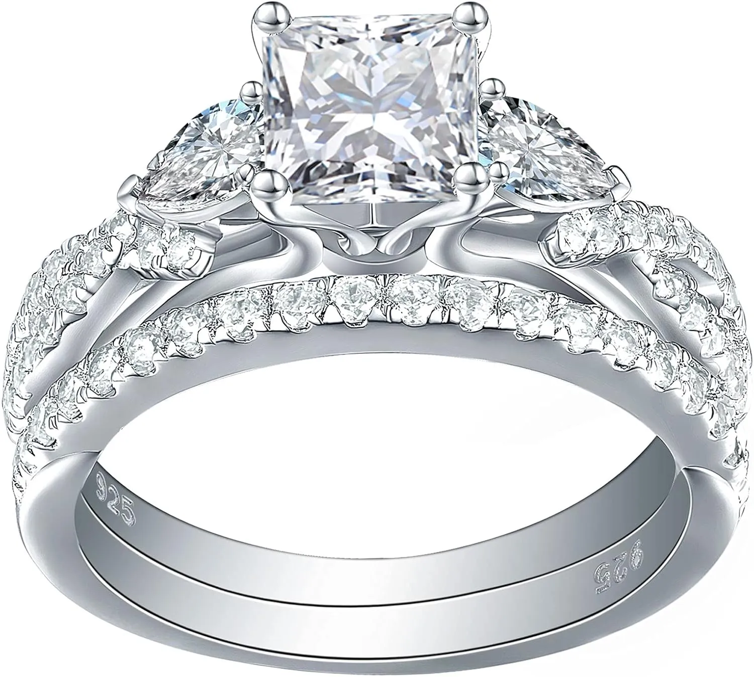 Newshe Jewellery 2.5ct Princess Pear White AAAAA Cz 925 Sterling Silver Engagement Wedding Ring Set Size 4-13
