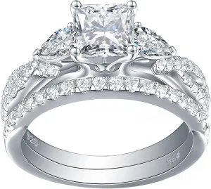 Newshe Jewellery 2.5ct Princess Pear White AAAAA Cz 925 Sterling Silver Engagement Wedding Ring Set Size 4-13