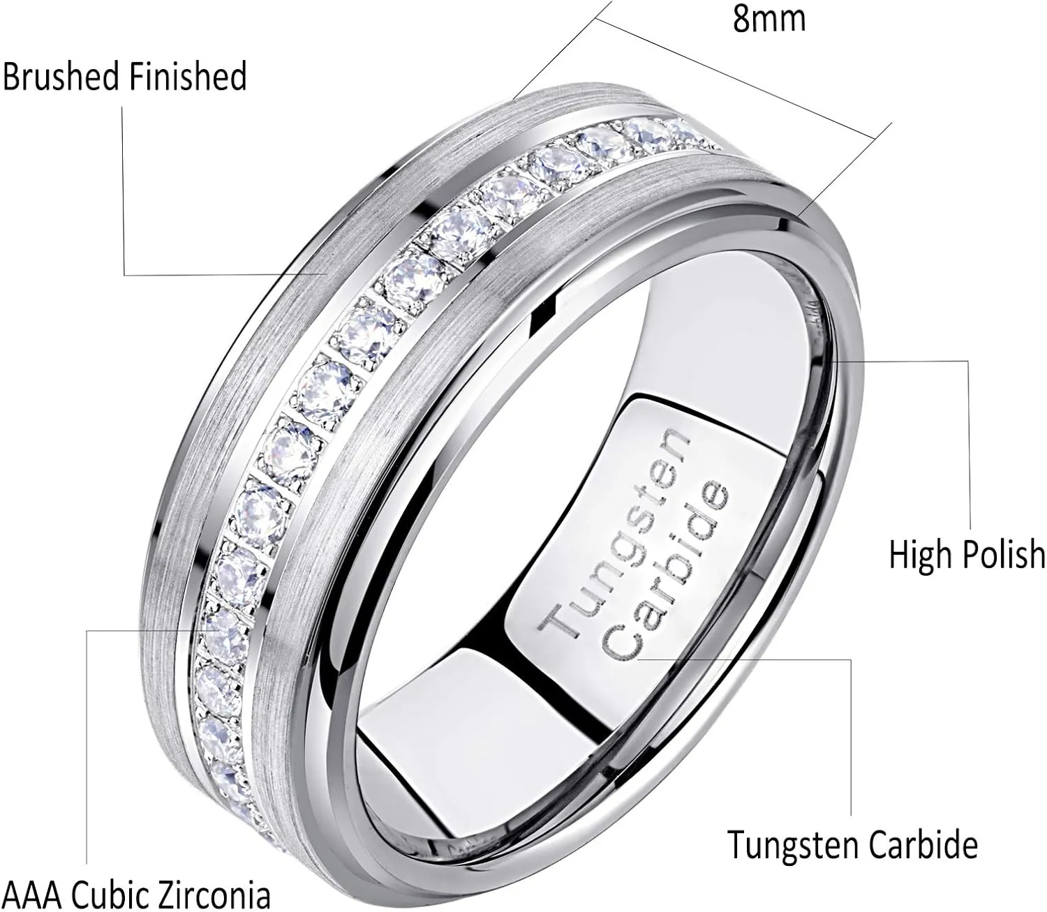 Newshe Tungsten Rings for Men Mens Wedding Bands for Him Cubic Zirconia 8mm Matte Brushed Size 8-13