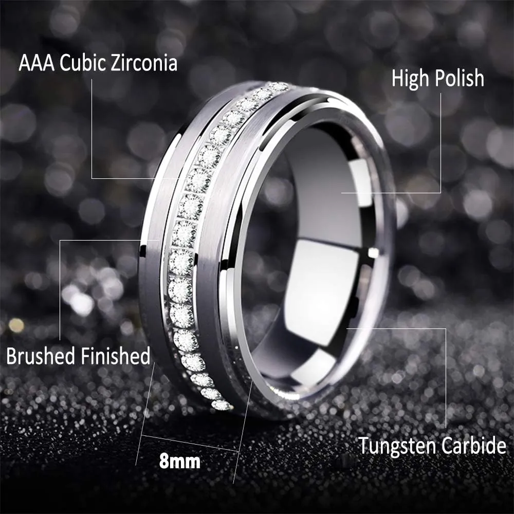 Newshe Tungsten Rings for Men Mens Wedding Bands for Him Cubic Zirconia 8mm Matte Brushed Size 8-13