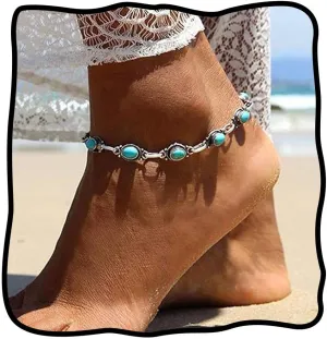 Nicute Boho Turquoise Anklet Silver Vintage Ankle Summer Beach Adjustable Foot Jewelry for Women